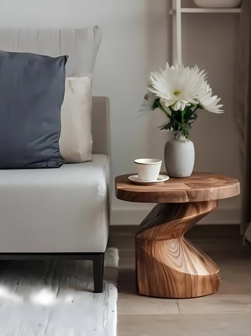 Handcrafted Solid Wood Spiral Side Table – Unique Sculptural End Table